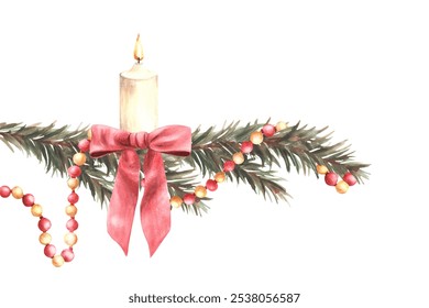 Christmas tree branch with garland and burning white candle with a red bow. Winter advent festive decorated spruce twig. Watercolor hand drawn illustration for greeting card on isolated background - Powered by Shutterstock