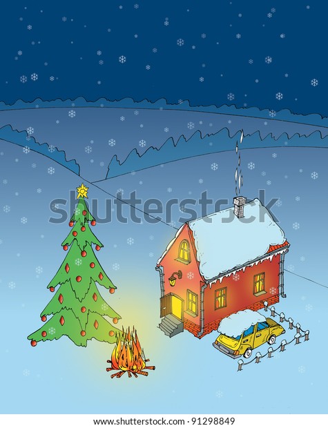 Christmas tree, car and\
house, cartoon
