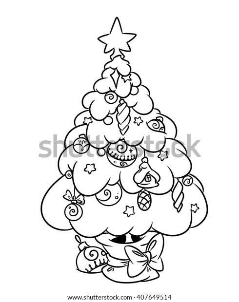 christmas tree coloring page cartoon illustration stock