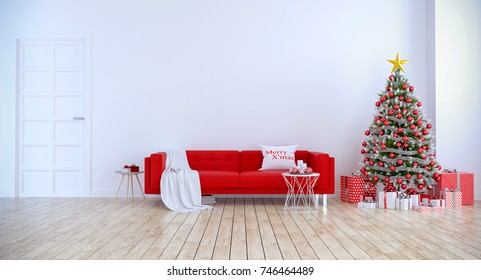 Christmas Tree Decorate On Modern Living Room ,red Sofa  On White Wall And Wood Floor ,at Home For The Holidays,3d Rendering