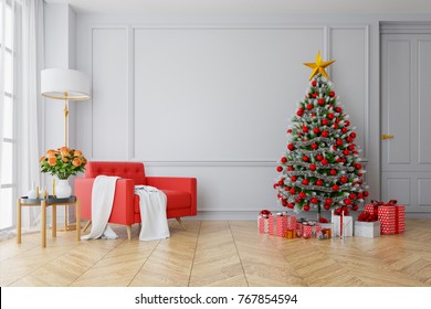 Christmas Tree Decorate On Modern Living Room ,red Sofa  On White Wall And Wood Floor ,at Home For The Holidays,3d Rendering