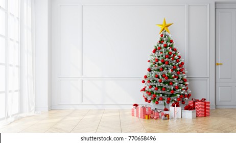 Christmas Tree Decorate On Modern Living Room ,empty Room,white Wall And Wood Floor ,at Home For The Holidays,3d Rendering