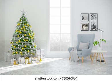 Christmas Tree Decorate On Scandinavia Of Living Room ,blue Armchair On White  Wall And Wood Floor ,in Holidays,3d Rendering