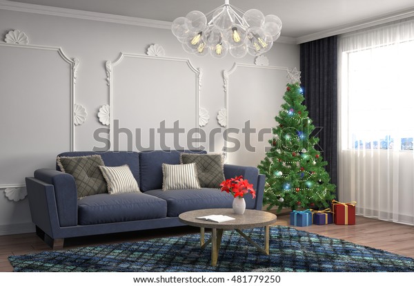 Christmas Tree Decorations Living Room 3d Stock Illustration