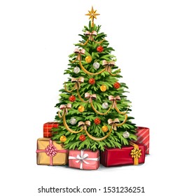 christmas tree, Decorative Christmas ornament, art illustration painted with watercolors isolated on white background