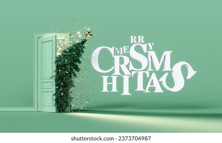 Christmas tree enters the door with glitter and confetti. Christmas greeting card design with huge white text on mint green background. 3D Rendering, 3D Illustration - Powered by Shutterstock