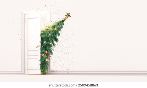 Christmas tree enters the door. Christmas is here concept on white background with copy space. 3D Rendering, 3D Illustration - Powered by Shutterstock