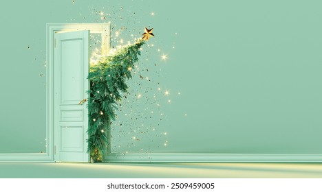 Christmas tree enters the door. Christmas is here concept on mint green background with copy space. 3D Rendering, 3D Illustration - Powered by Shutterstock