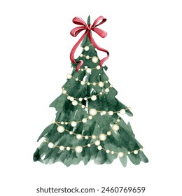 Christmas tree with festive red bow decoration on top and shining garland lights watercolor illustration isolated on white background for Happy New Year greeting cards and designs - Powered by Shutterstock