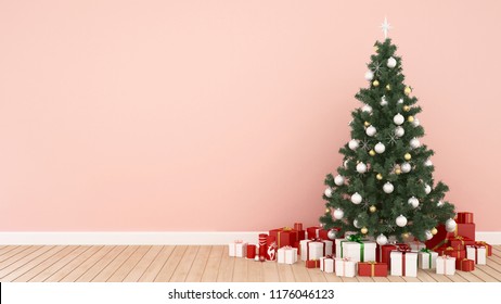 Christmas Tree And Gift Box In Living Room On Pink Wall Decorate -  Artwork For Christmas Day Or Happy New Year- 3D Illustration