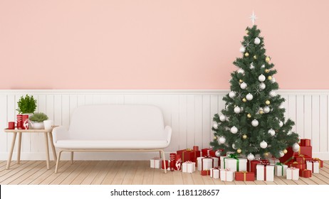 Christmas Tree And Gift Box In Living Room On Pink Tone -  Room Artwork For Christmas Day Or Happy New Year- 3D Illustration