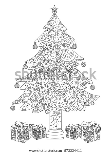 Christmas tree with gifts coloring book raster\
illustration. Anti-stress coloring for adult. Zentangle style.\
Black and white lines. Lace\
pattern