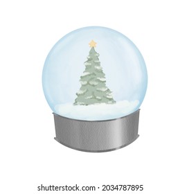 Christmas Tree With House And Snow. Digital Watercolor  Snowglobe Illustration. Hand Draw New Year Snowball Clipart. Xmas Decoration. Holiday And Celebration