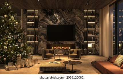 Christmas Tree And Luxury Interior Design Living Room With Night Lighting, Fireplace, Marble Tv Wall, Wooden Ceiling. 3d Render Illustration.