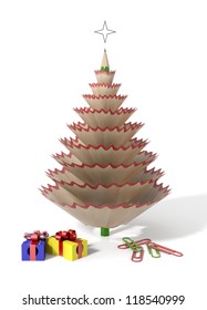Christmas tree made and pencil   its wooden shavings and paperclips   sharpeners in white isolated background