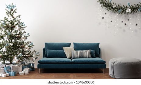 christmas tree next to sofa, christmas decorated living room concept, 3D background illustration - Powered by Shutterstock