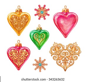 Christmas tree ornaments  assorted glass hearts collection  design elements  isolated white background  watercolor illustration  holiday clip art