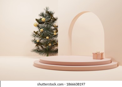 A Christmas Tree And A Present With Soft Rose Gold  Circle Stage And Beige Background. 3D Rendering