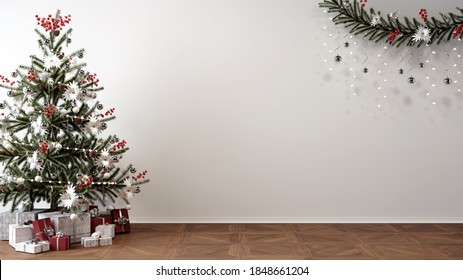 Christmas Tree, Presents And Decoration In Empty Living Room, White Mockup Wall, 3D Illustration