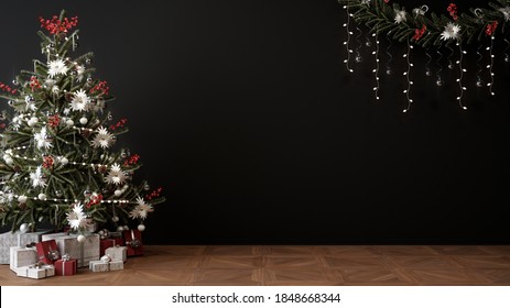 christmas tree, presents and decoration in empty living room, black mockup wall, 3D Illustration