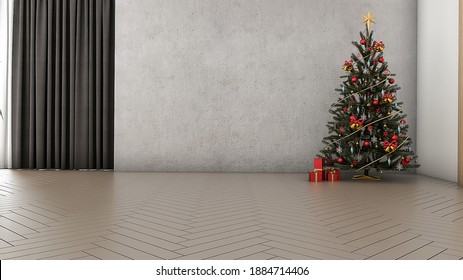 Christmas Tree, Presents And Decoration In Empty Living Room, Concrete Mockup Wall, 3D Render,illustration.