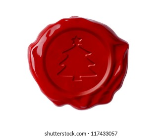 Christmas Tree Red Wax Seal Isolated On White