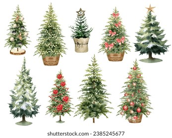 Christmas Tree set. Watercolor painted illustration.  Decorated with baubles and lights garland. Modern graphic for holiday cards and invitations. Isolated on white background  - Powered by Shutterstock