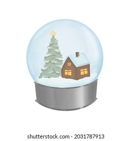 Christmas Tree And Snow. Digital Watercolor  Snowglobe Illustration. Hand Draw New Year Snowball Clipart. Xmas Decoration. Holiday And Celebration