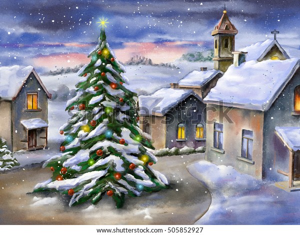 雪の多い風景の中にクリスマスツリー 手描きのイラスト のイラスト素材