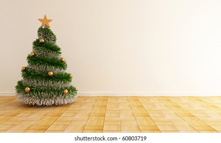  Christmas Tree With A Star In A Empty Living Room - Rendering