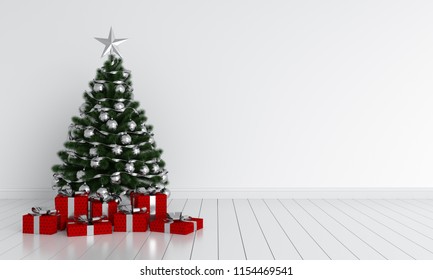 Christmas Tree In White Room For Mockup, 3D Rendering