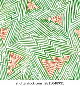 Christmas Tree Zendoodle seamless Pattern in green and red triangles