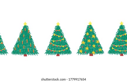 Christmas trees seamless repeating border. Hand drawn decorative Winter holiday design for Christmas decoration, banners, ribbons, greeting cards, digital scrapbooking, footer, header, divider