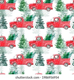 Christmas truck seamless pattern  Winter holiday print and hand painted retro red car  snow  spruce   pine trees white background  New Years illustration for design  Forest wallpaper 