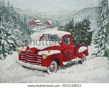 Christmas truck with christmas trees in a snowy poetic winter landscape. Acrylic painting.