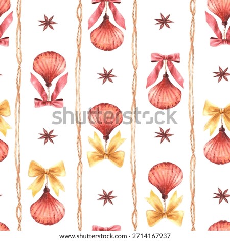 Christmas vertical striped seamless pattern. Seashell tree toys with red, gold bows and anise star between braided ropes Watercolor vintage retro style hand drawn illustration isolated from background