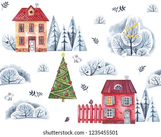 Christmas Village With Elegant Houses And A Decorated Christmas Tree. Watercolor Pattern.