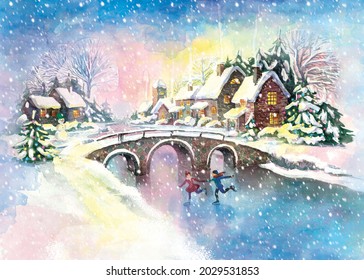 Christmas Village In The Evening. A Boy And A Girl Are Skating. Watercolor Illustration