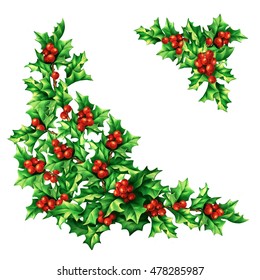 Christmas Vintage Holly Berries Corners, Digital Hand Drawn Illustration For Design, Greeting Card, Invitation, Wrapping Paper, Decoupage.