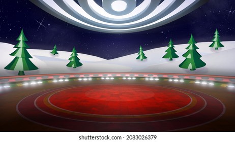 Christmas Virtual TV Studio Background . A TV Backdrop Ideal For Xmas Shows Events Or Live Broadcasts. 3D Render Suitable On VR Tracking Systems With Green Screen