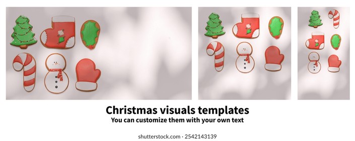 Christmas visuals with cookies such as gingerbread man, christmas glove, cane, boot, tree as cookies. Festive Christmas template. - Powered by Shutterstock