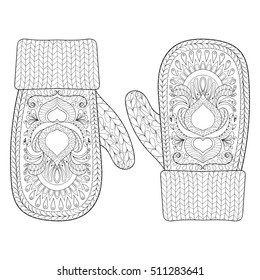 Christmas Warm Knitted Mittens In Zentangle Style. Hand Drawn Happy Xmas Decorative Elements For Adult Coloring Book. Illustration For New Year 2017 Greeting Cards, Posters.