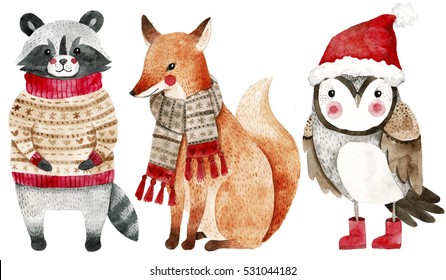 Christmas Watercolor Animals Set: Fox, Raccoon And Bird Like Owl. Cute Kids Illustration,perfect For Greeting Or Post Cards, Prints On T-shirts, Phone Cases,book And Other. Hand Drawn  Baby Animals.