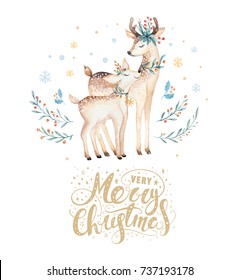 Christmas Watercolor Deer. Cute Kids Xmas Forest Animal Illustration, New Year Card Or Poster. Hand Drawn Isolated Baby Animals Painting.