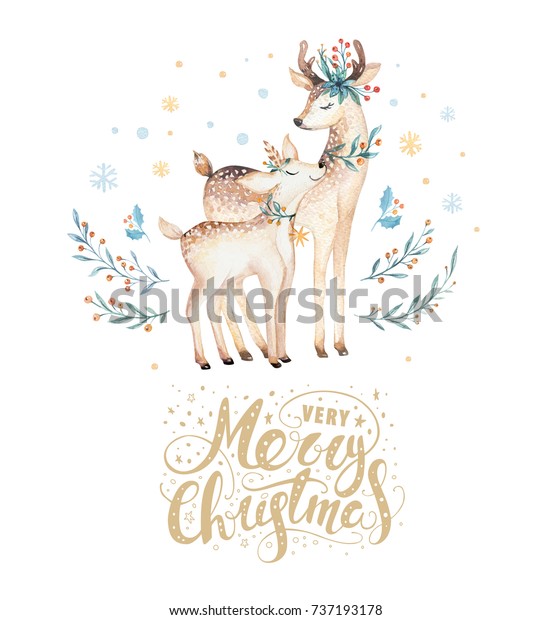 クリスマス水色の鹿 かわいい子どもたちが森の動物のイラスト 年賀状 ポスター 手描きの赤ちゃん動物の絵 のイラスト素材