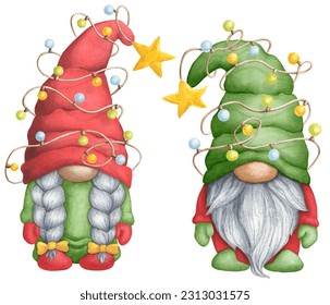 Christmas watercolor gnomes with garland. Winter dwarf Gnome isolated on white background, for printing greeting cards invitations, prints, banners etc.