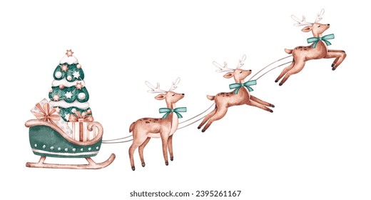 Christmas watercolor illustration for card, banner, invitation. Hand painted flying reindeers with sleigh, Christmas tree, present boxes. Kids cartoon style - Powered by Shutterstock