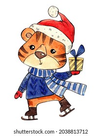 christmas watercolor illustration for printing on postcards. cute tiger in a blue sweater and santa claus hat holds a gift. New Year. winter picture
