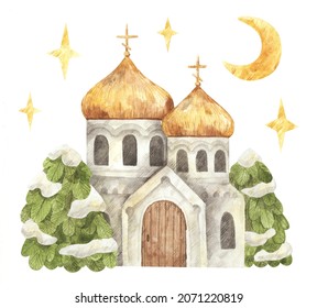 Christmas watercolor illustration of Russian orthodox church. Hand-drawn winter cathedral