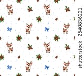 Christmas watercolor pattern. Seamless Christmas pattern with cute fawn, holly leaves and pinecone and Christmas blue bow.